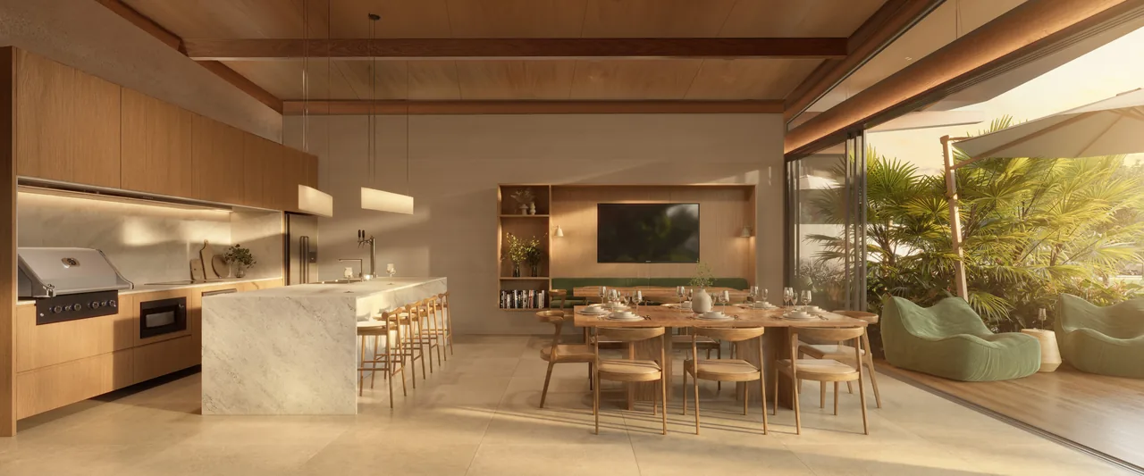 Espaço gourmet do Artesano Campo Grande, integrado ao jardim