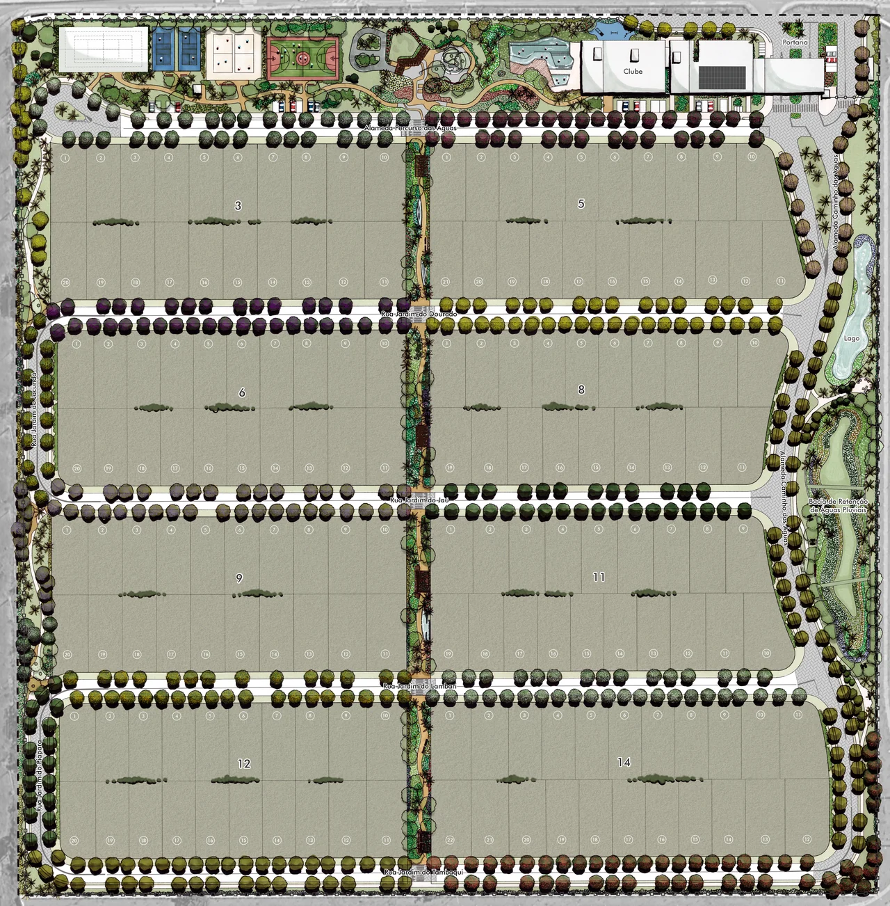 Planta de implantação do Artesano Campo Grande, mostrando a distribuição dos 161 lotes, o clube, as praças e o parque linear