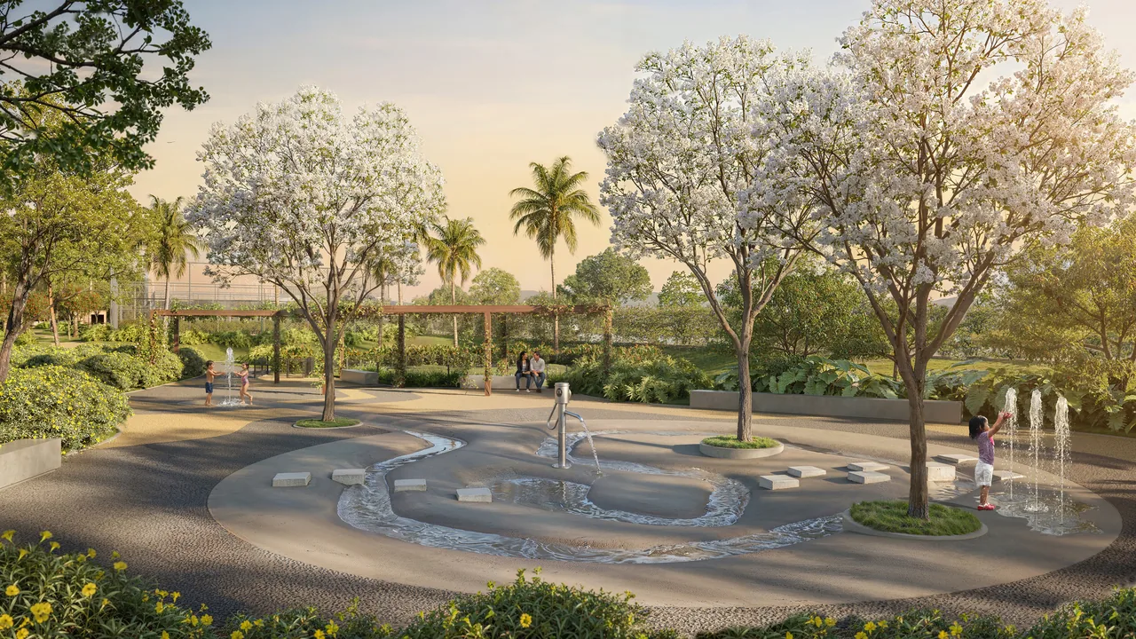 Playground das águas do Artesano Campo Grande, com jatos e espelhos d'água para crianças
